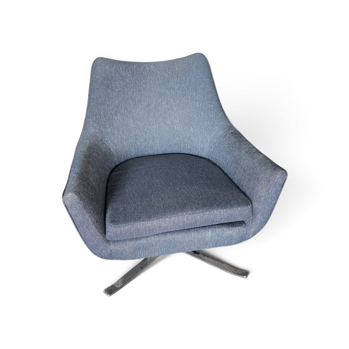 Used gray upholstered accent chair with curved arms and charcoal seat, SHL