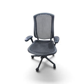 Used black Herman Miller office chair with woven-style seat and back, padded armrests and rolling base, SHL