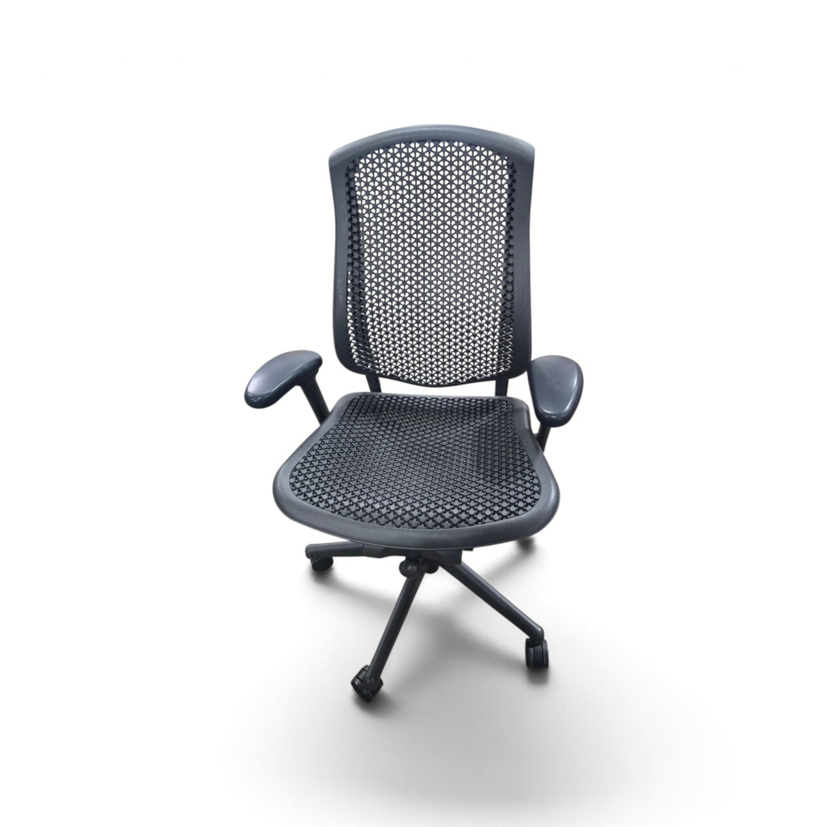 Used black Herman Miller office chair with woven-style seat and back, padded armrests and rolling base, SHL