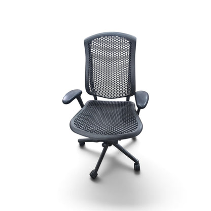 Used black Herman Miller office chair with woven-style seat and back, padded armrests and rolling base, SHL