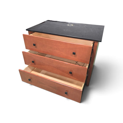 Used 3 drawer dresser with all drawers open showing storage space and black granite top with pre-drilled TV hole from Southern Hospitality Liquidation.