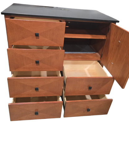 Used 6 drawer dresser with drawers and storage cabinet open, showing adjustable shelves and black granite top with pre-drilled TV hole from Southern Hospitality Liquidation.