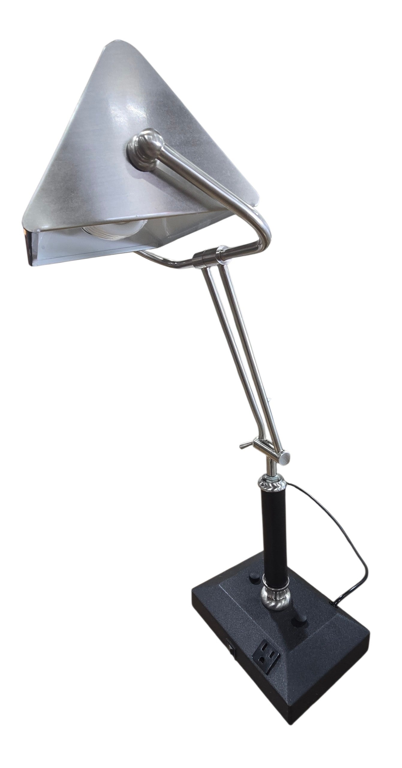Used adjustable metal desk lamp with articulated arm and built-in power outlet from Southern Hospitality Liquidation.