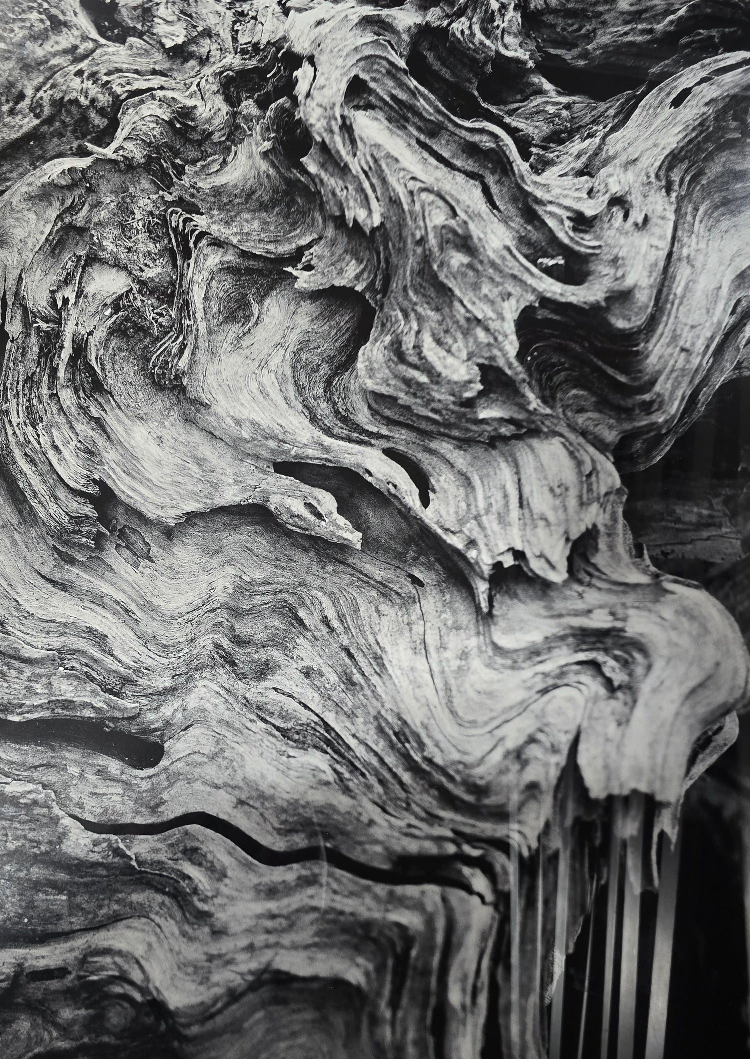 Close-up of the natural wood grain design featured in a quality used framed abstract wall art piece sourced from an upscale resort.