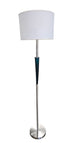 Used blue ribbed glass floor lamp with white drum shade and brushed nickel finish from Southern Hospitality Liquidation.