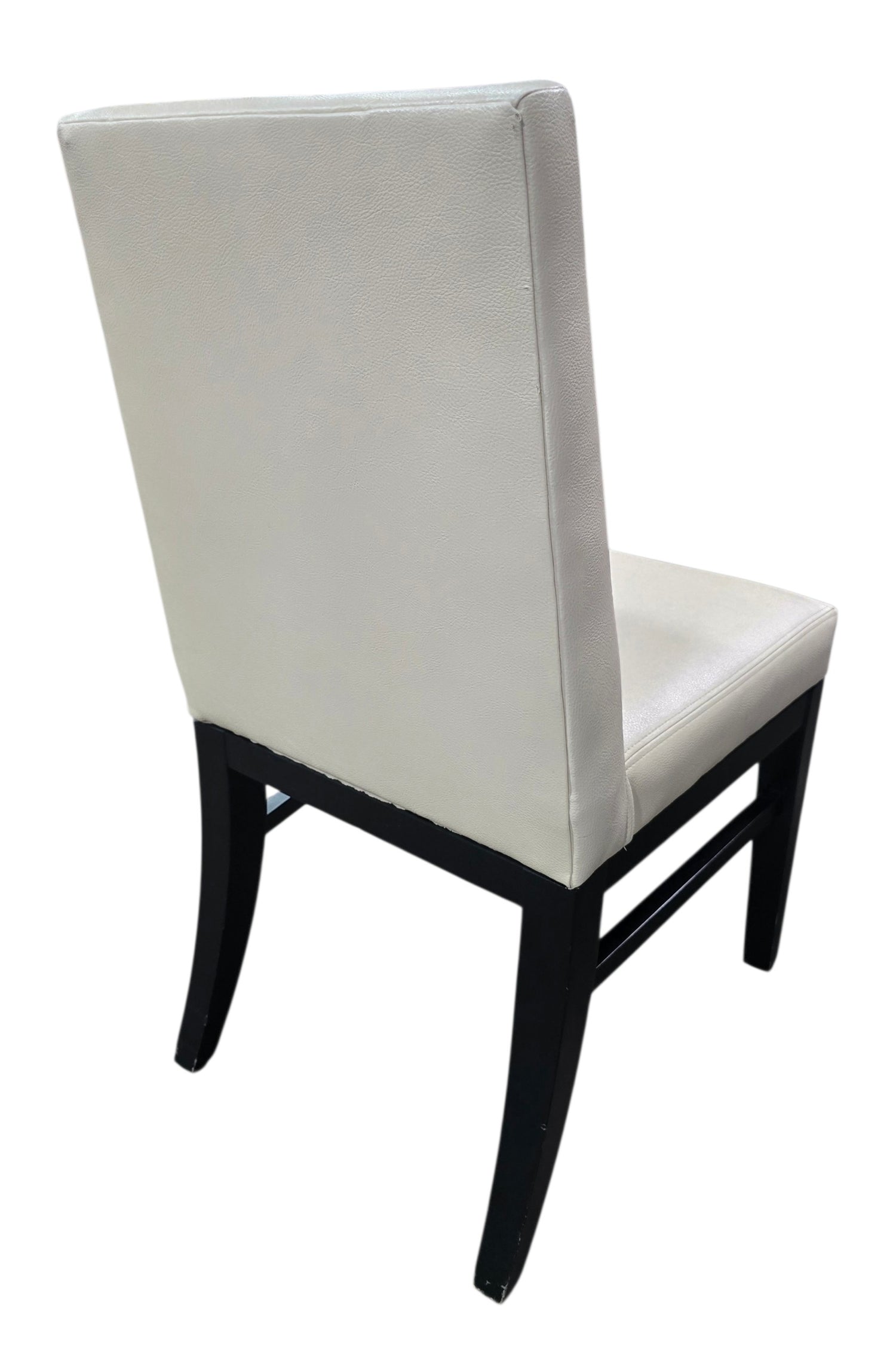 Rear view of used commercial upholstered dining chair with black wood frame, sourced from an upscale resort and available at Southern Hospitality Liquidation.