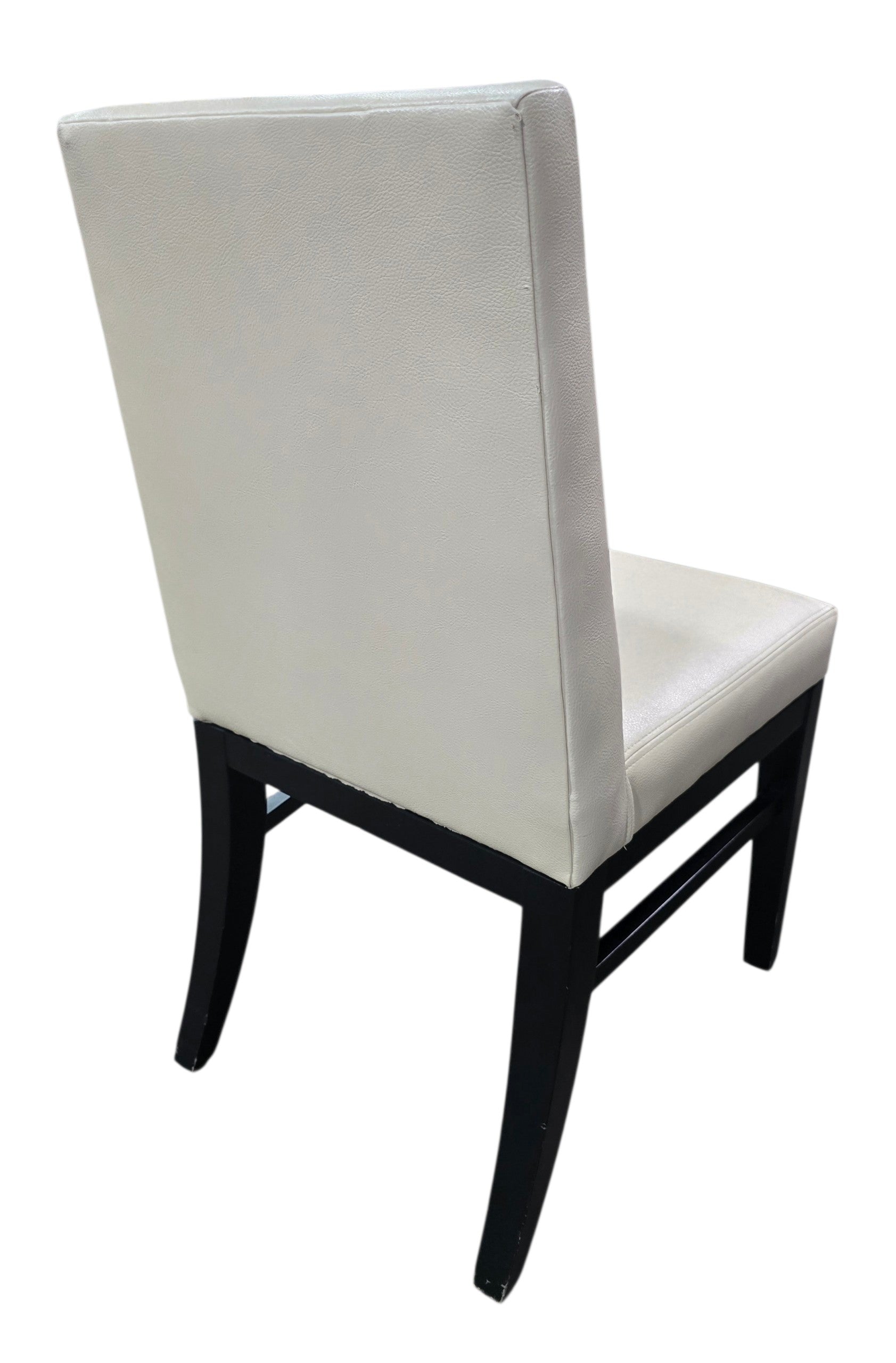 Rear view of used commercial upholstered dining chair with black wood frame, sourced from an upscale resort and available at Southern Hospitality Liquidation.