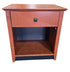 Used Kimball Hospitality wood nightstand with drawer and open shelf, front view, quality used resort furniture at Southern Hospitality Liquidation.