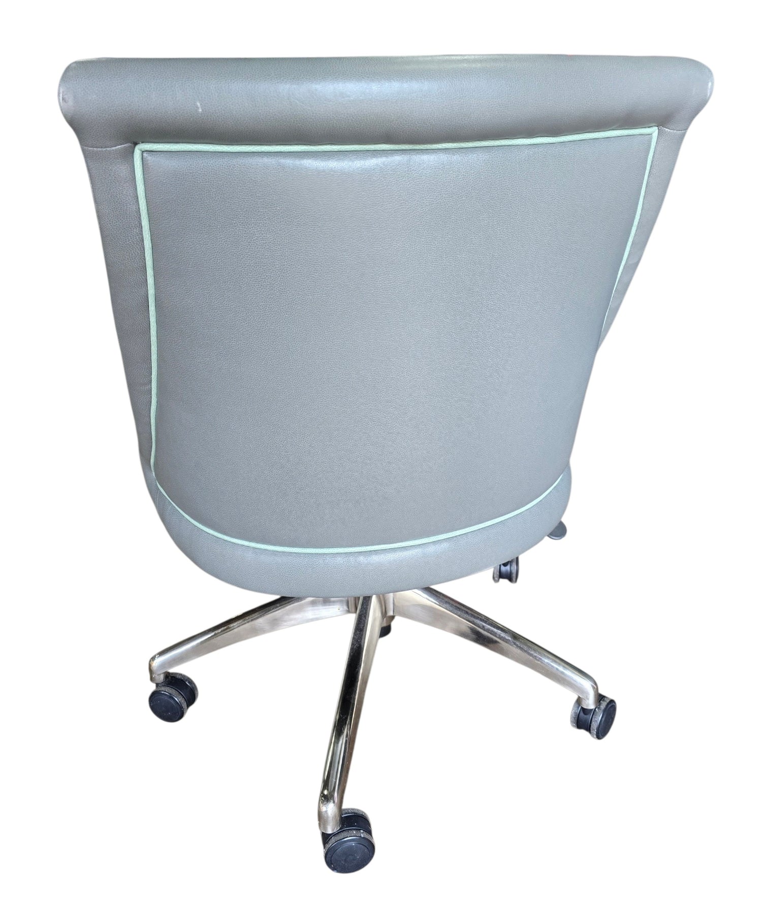 Used Lily Jack gray upholstered swivel office chair with rolling base, rear view, at Southern Hospitality Liquidation in Cartersville, GA.
