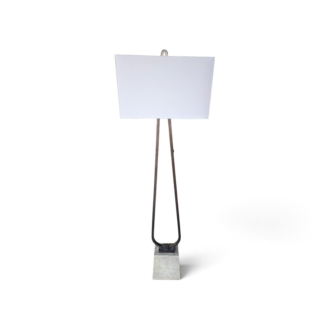 Used modern floor lamp with dark metal loop frame and stone base from Southern Hospitality Liquidation.