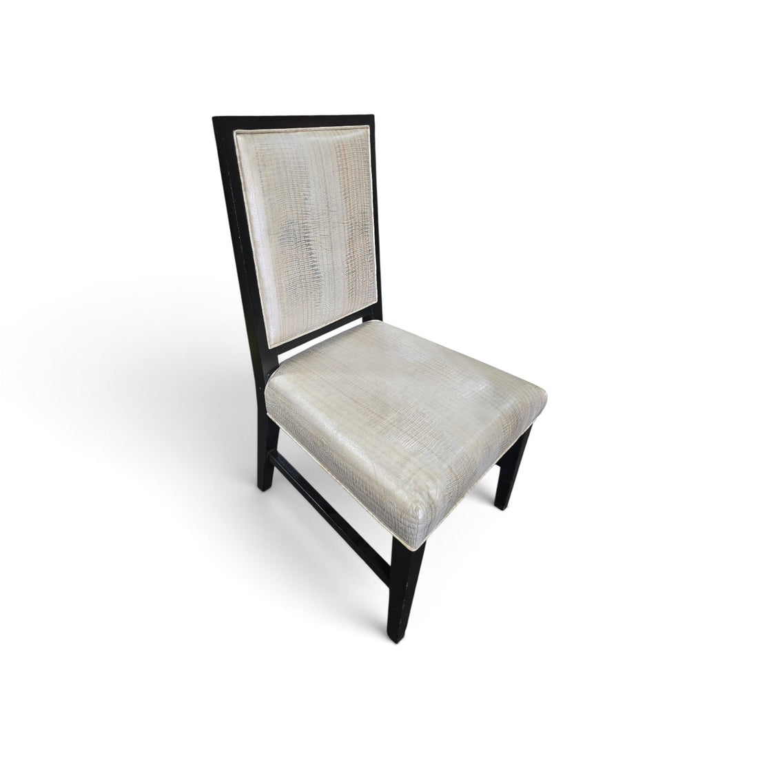 Used dining chair with shiny textured vinyl upholstery and black wood frame, front angle view from Southern Hospitality Liquidation.