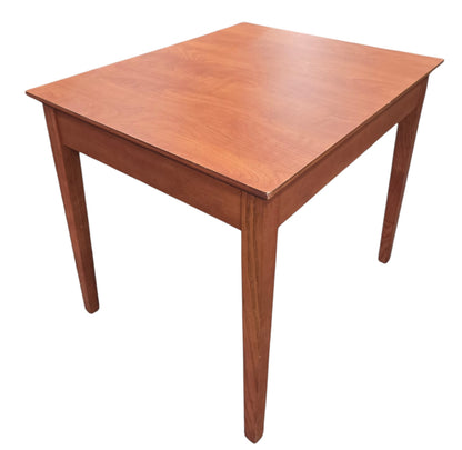 Used square wood end table with clean contemporary design and cherry finish, angled view, at Southern Hospitality Liquidation.