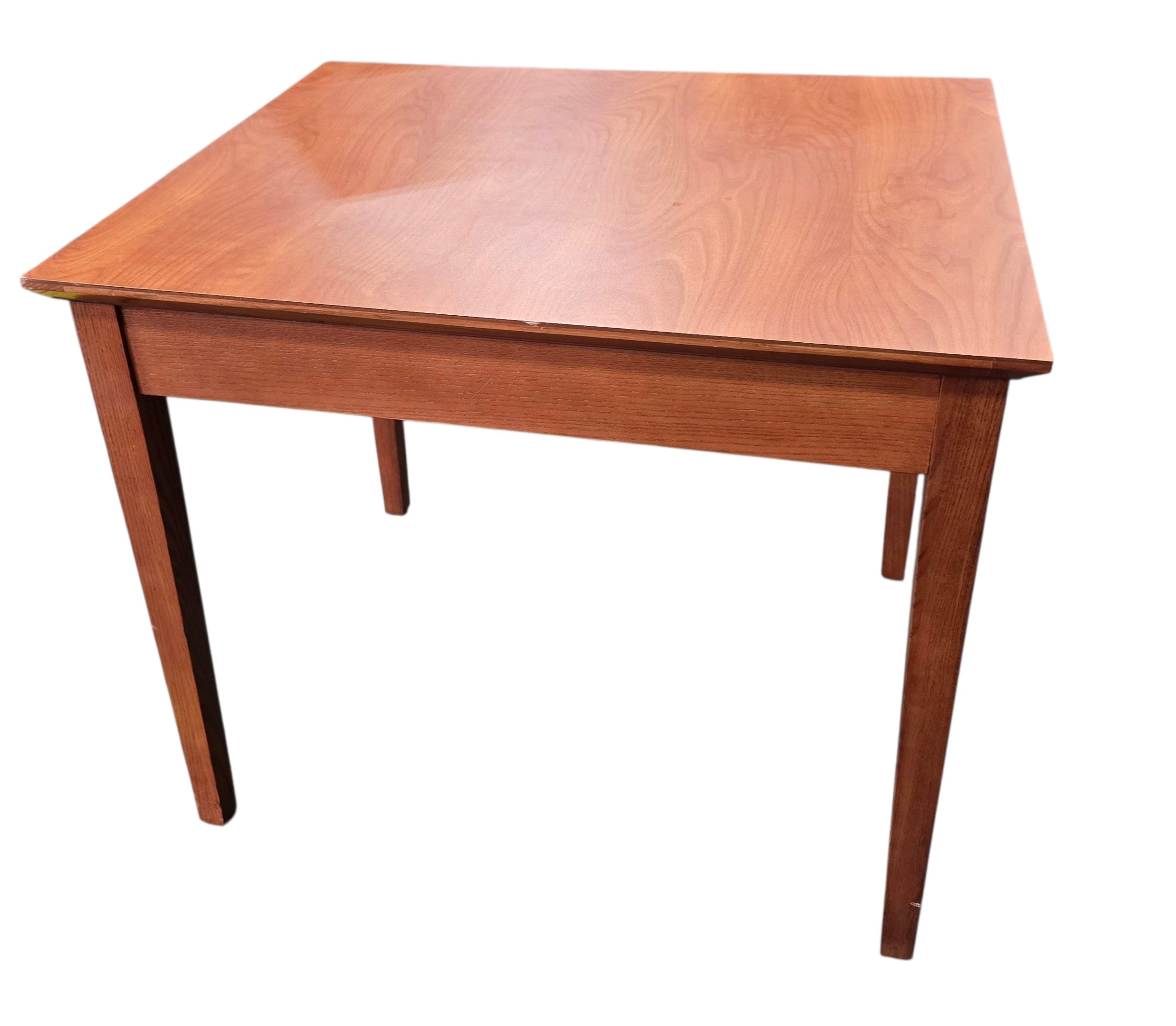 Used square wood end table with cherry finish, front view, quality used resort furniture at Southern Hospitality Liquidation.
