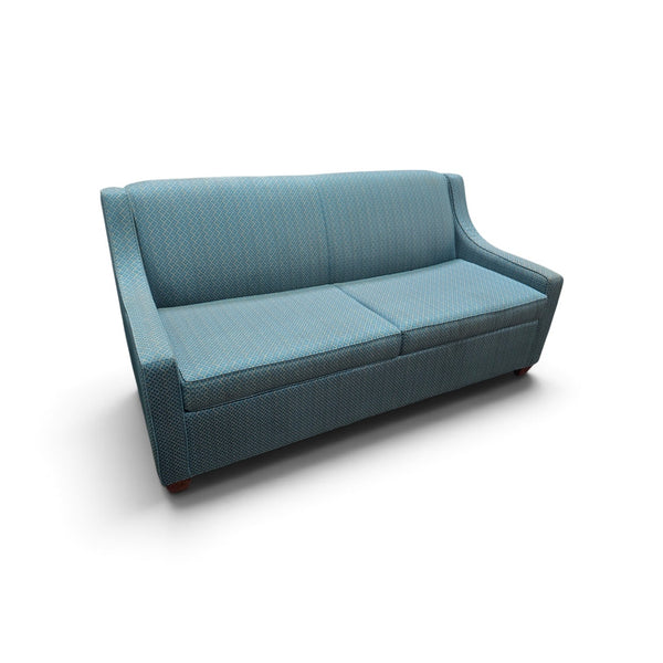 Used teal green queen sleeper sofa with curved arms and geometric patterned upholstery, front view from Southern Hospitality Liquidation.