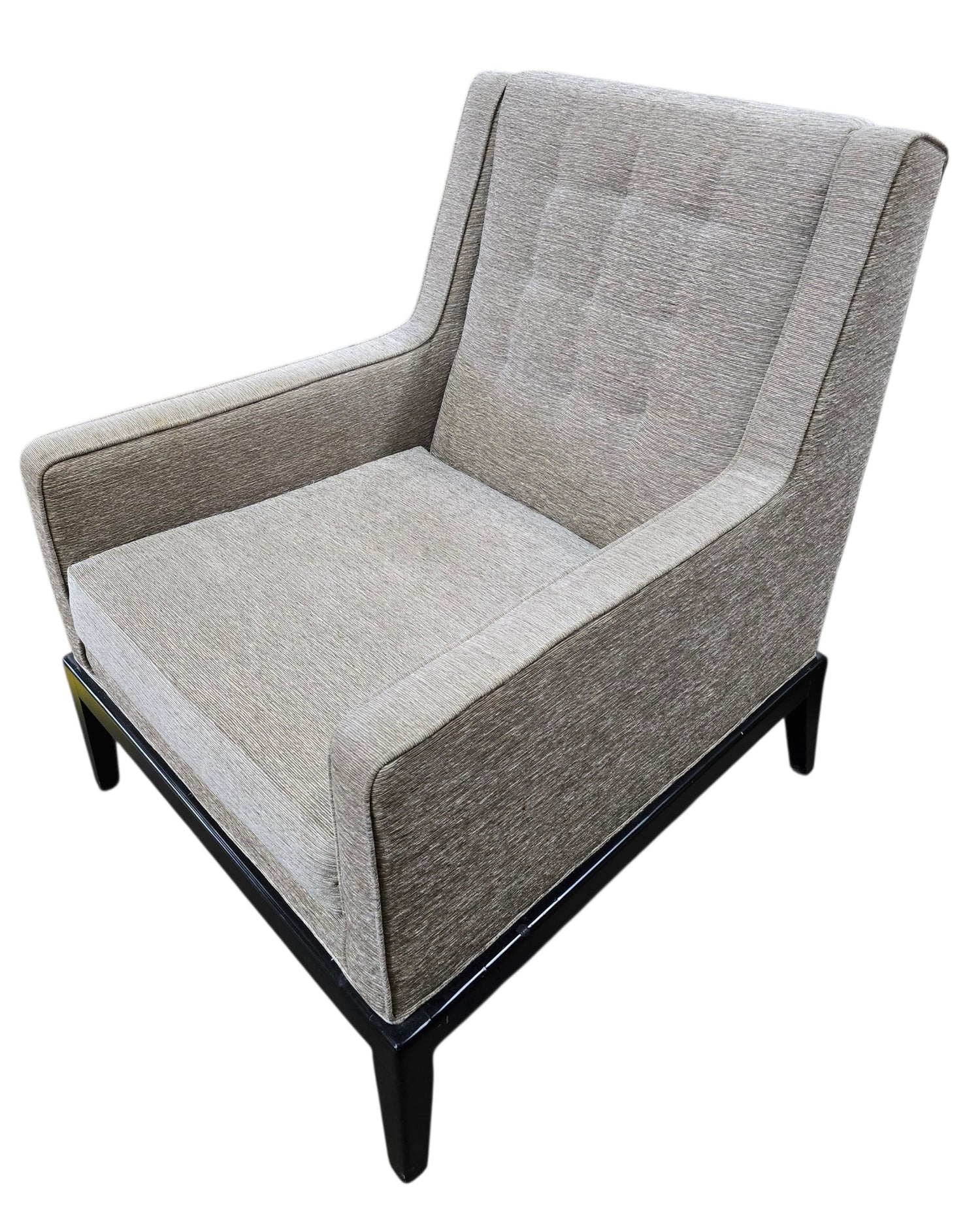 Used upholstered lounge accent chair with black wood base, angled view, quality used resort furniture at Southern Hospitality Liquidation.