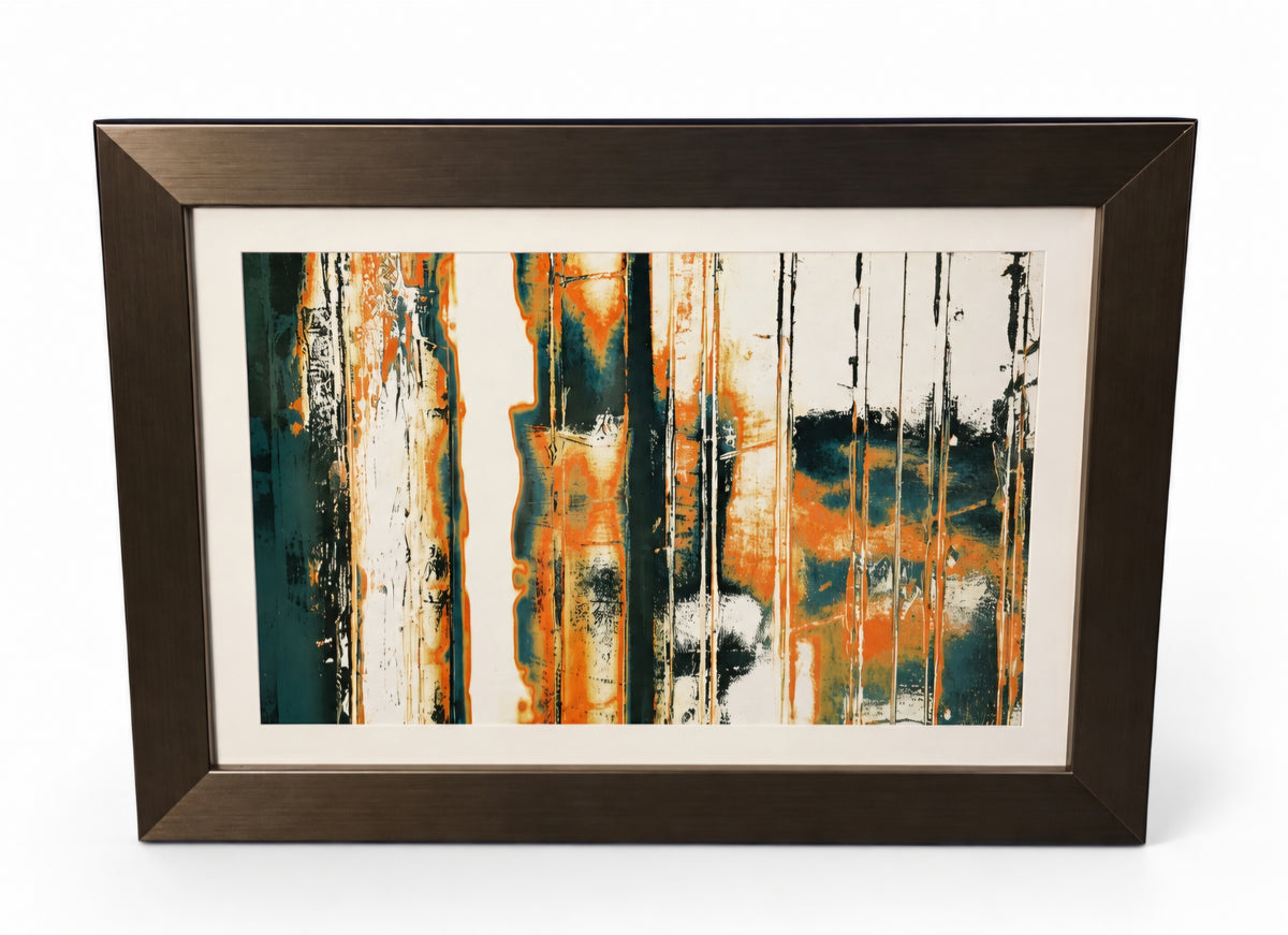 Used SHL teal and orange abstract framed artwork 24x18