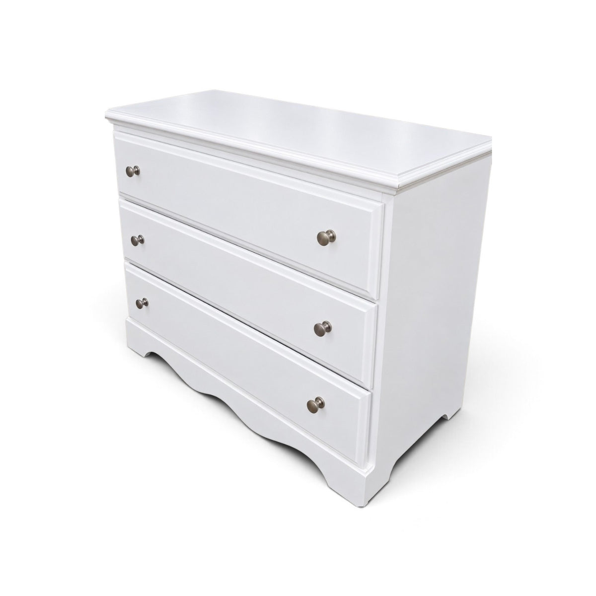 Angled view of used white slim chest with three drawers and silver knobs, SHL