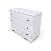 Angled view of used white slim chest with three drawers and silver knobs, SHL