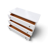 Used white 3-drawer slim chest with drawers open showing wood interiors, SHL
