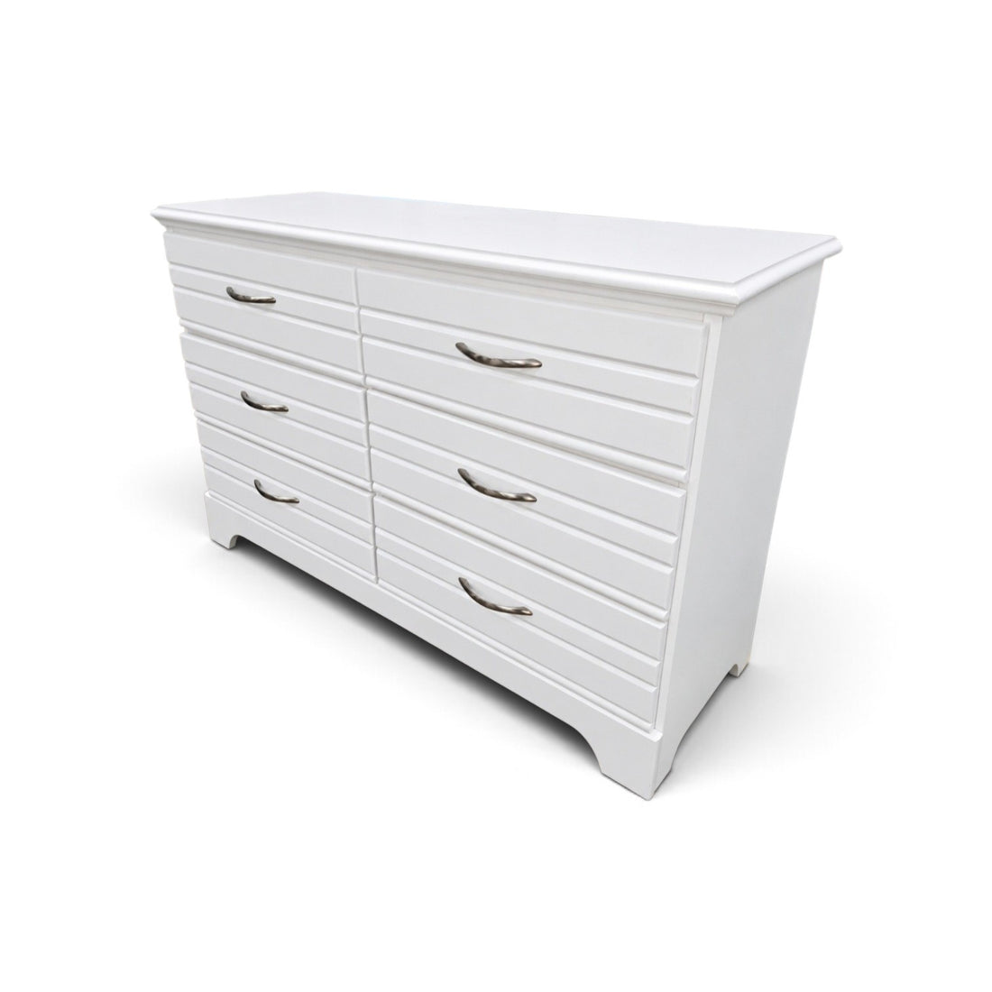 Angled view of used white 6-drawer bedroom dresser with curved feet, SHL.
