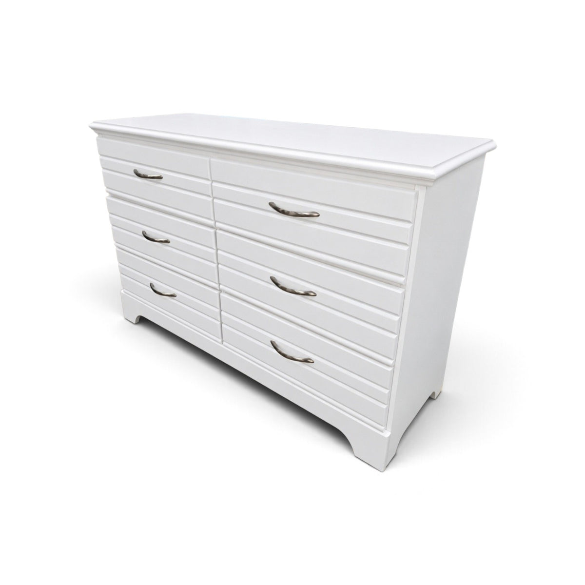 Angled view of used white 6-drawer bedroom dresser with curved feet, SHL.