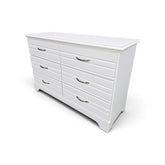 Angled view of used white 6-drawer bedroom dresser with curved feet, SHL.
