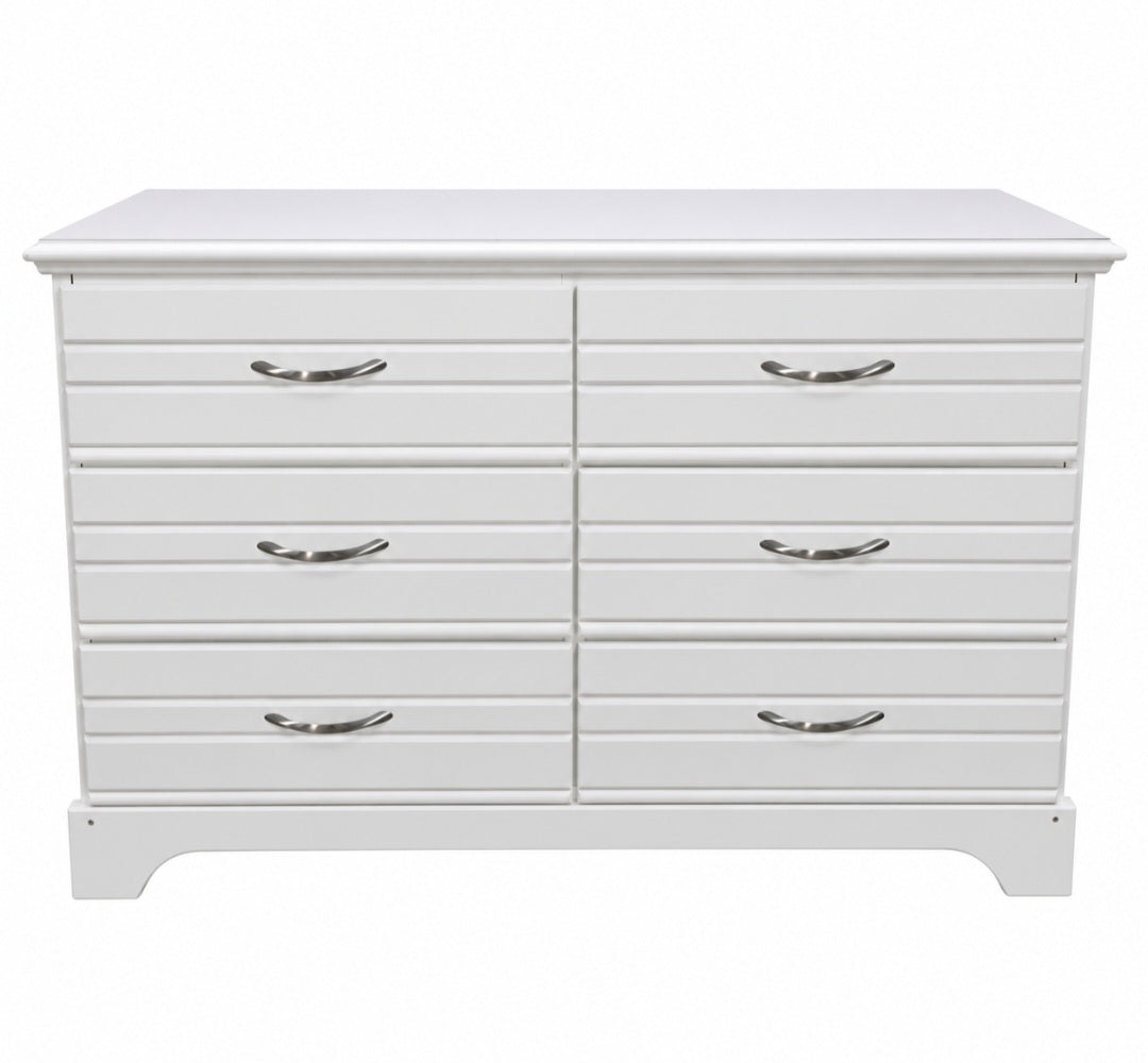 White used 6-drawer dresser with dark handles and curved feet, front view, SHL.
