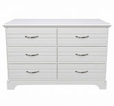 White used 6-drawer dresser with dark handles and curved feet, front view, SHL.