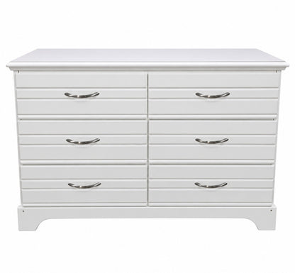 White used 6-drawer dresser with dark handles and curved feet, front view, SHL.