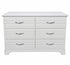 White used 6-drawer dresser with dark handles and curved feet, front view, SHL.