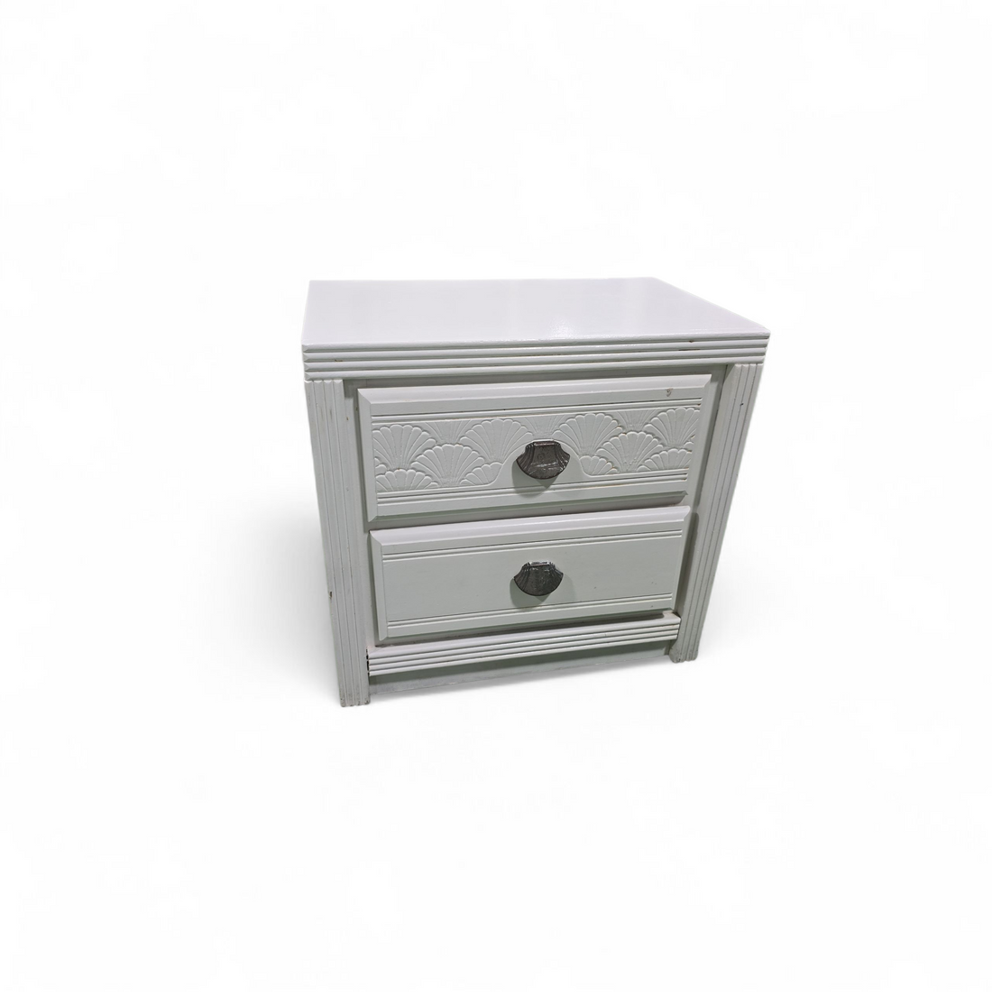 “Used white nightstand with seashell hardware, perfect for coastal or farmhouse décor, $50 from Southern Hospitality Liquidation”