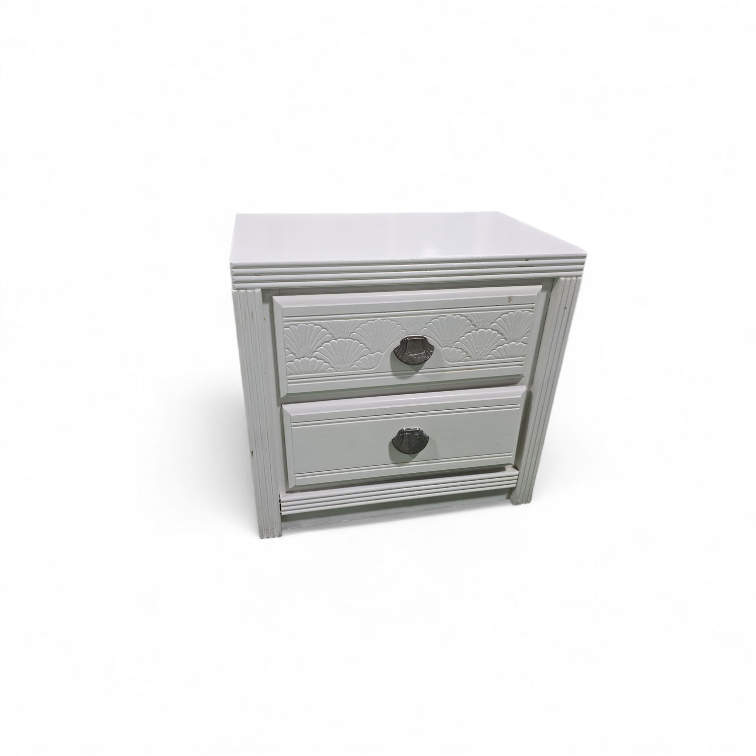 “Used white nightstand with seashell hardware, perfect for coastal or farmhouse décor, $50 from Southern Hospitality Liquidation”