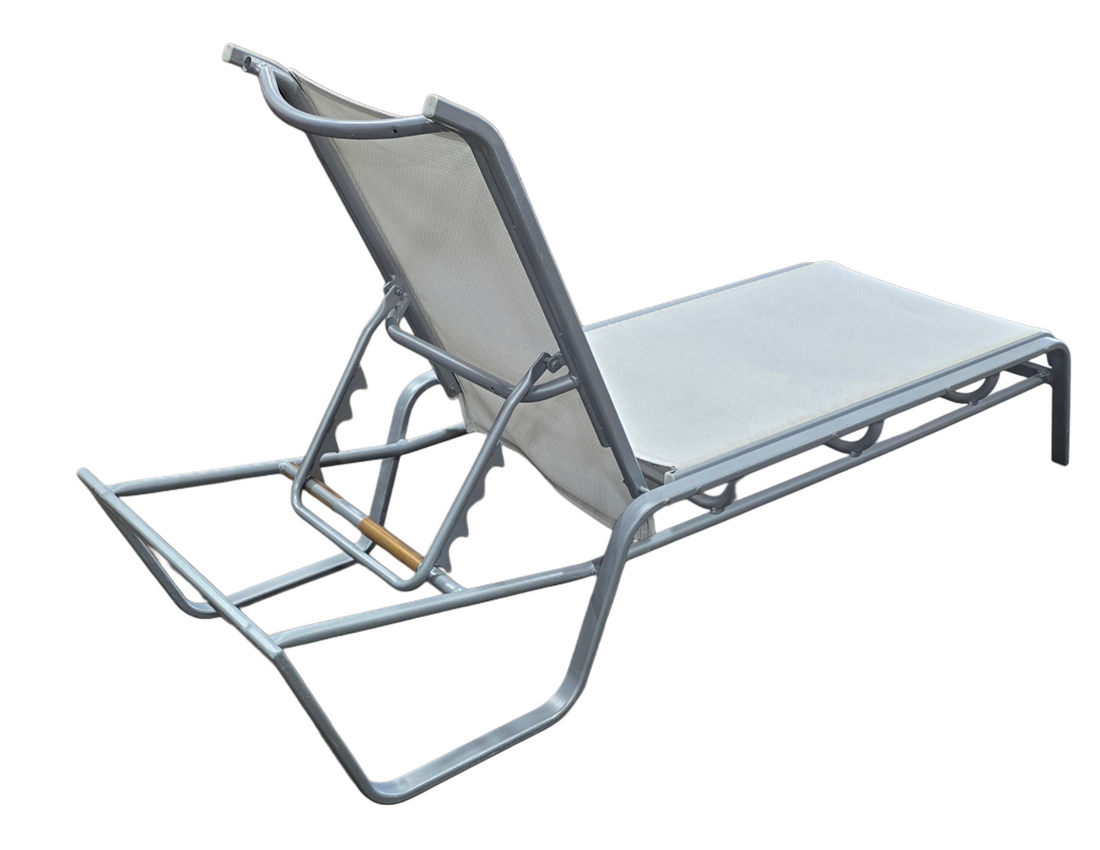 “Used white outdoor lounge chair from upscale resort, perfect for patio or poolside, $40”