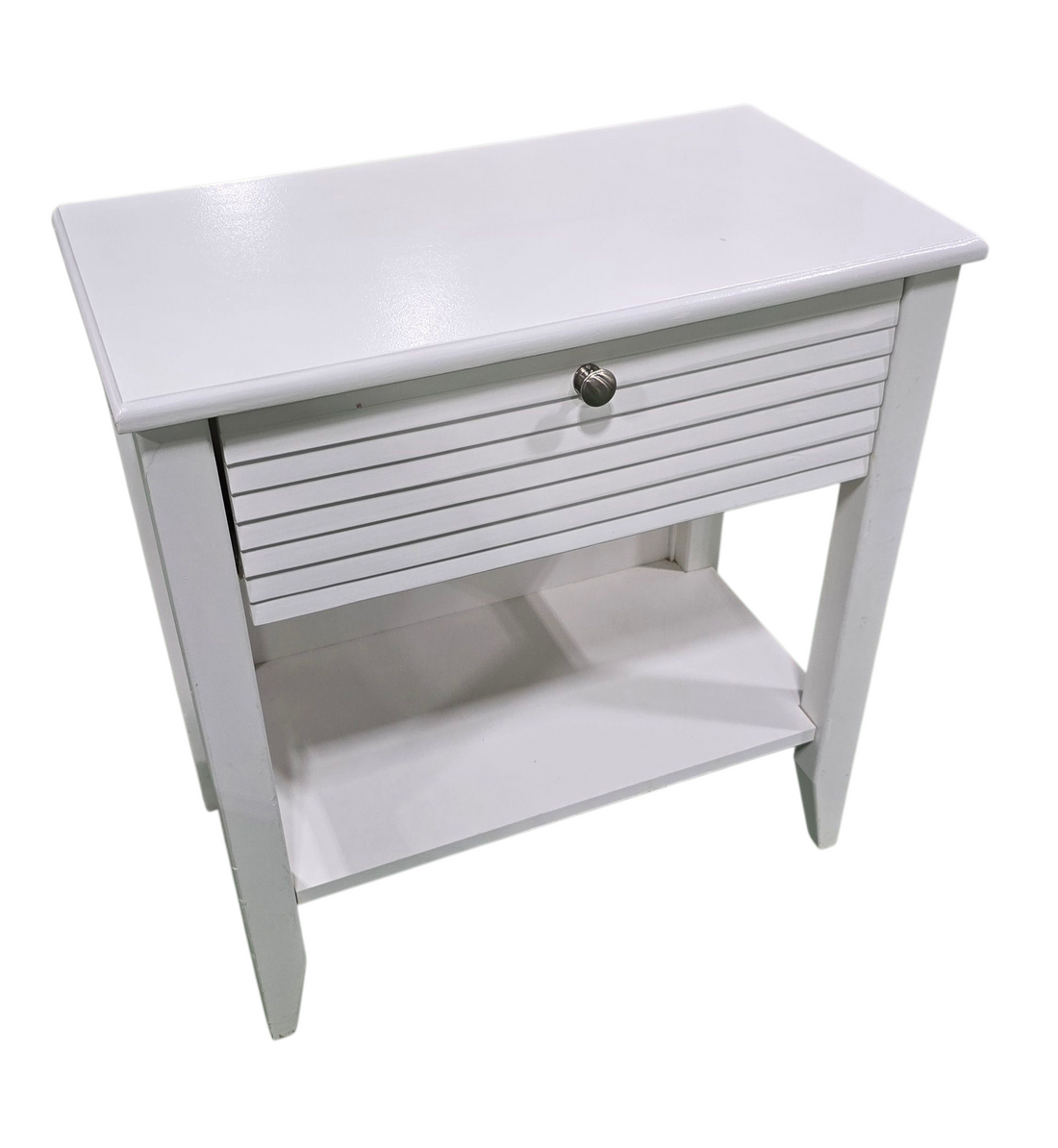 “Used white shutter-front entry table, perfect for coastal or farmhouse décor, $75 at Southern Hospitality Liquidation”