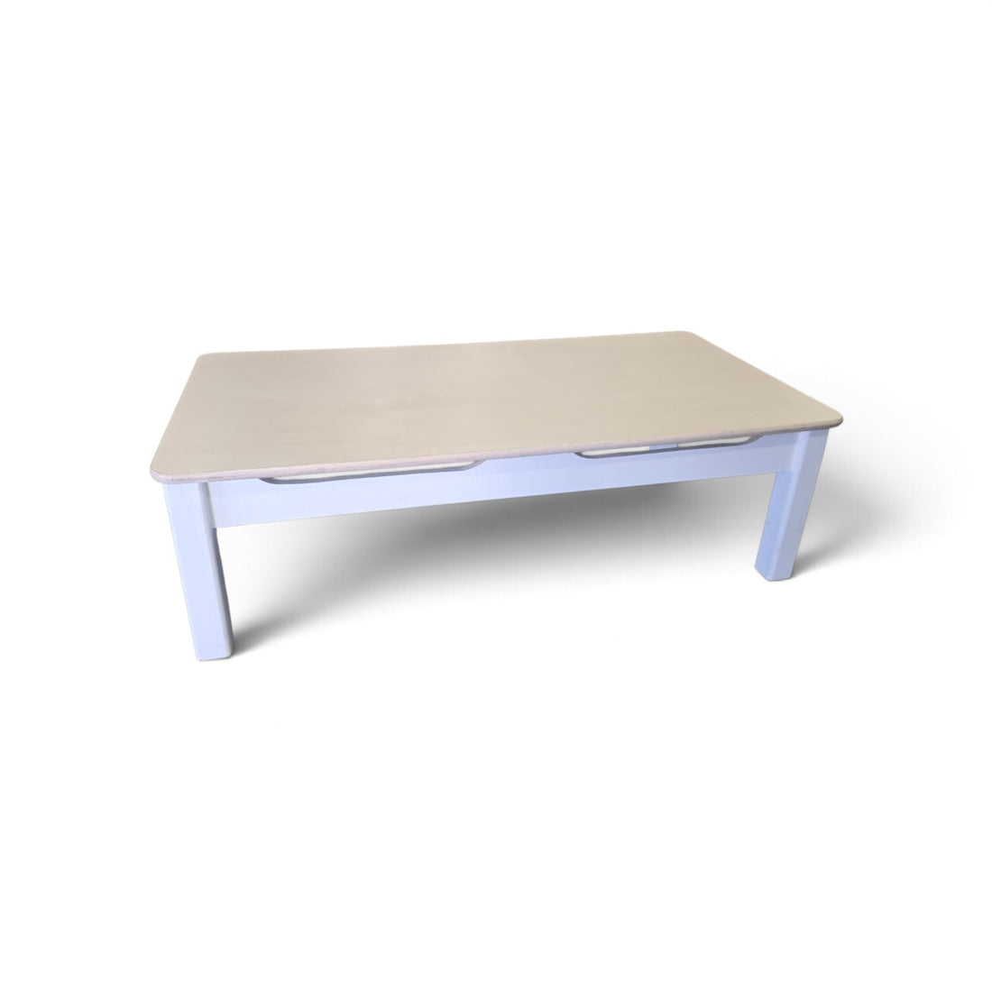 Used white wood coffee table with beige laminate top,front view, 48 inches wide, at Southern Hospitality Liquidation.
