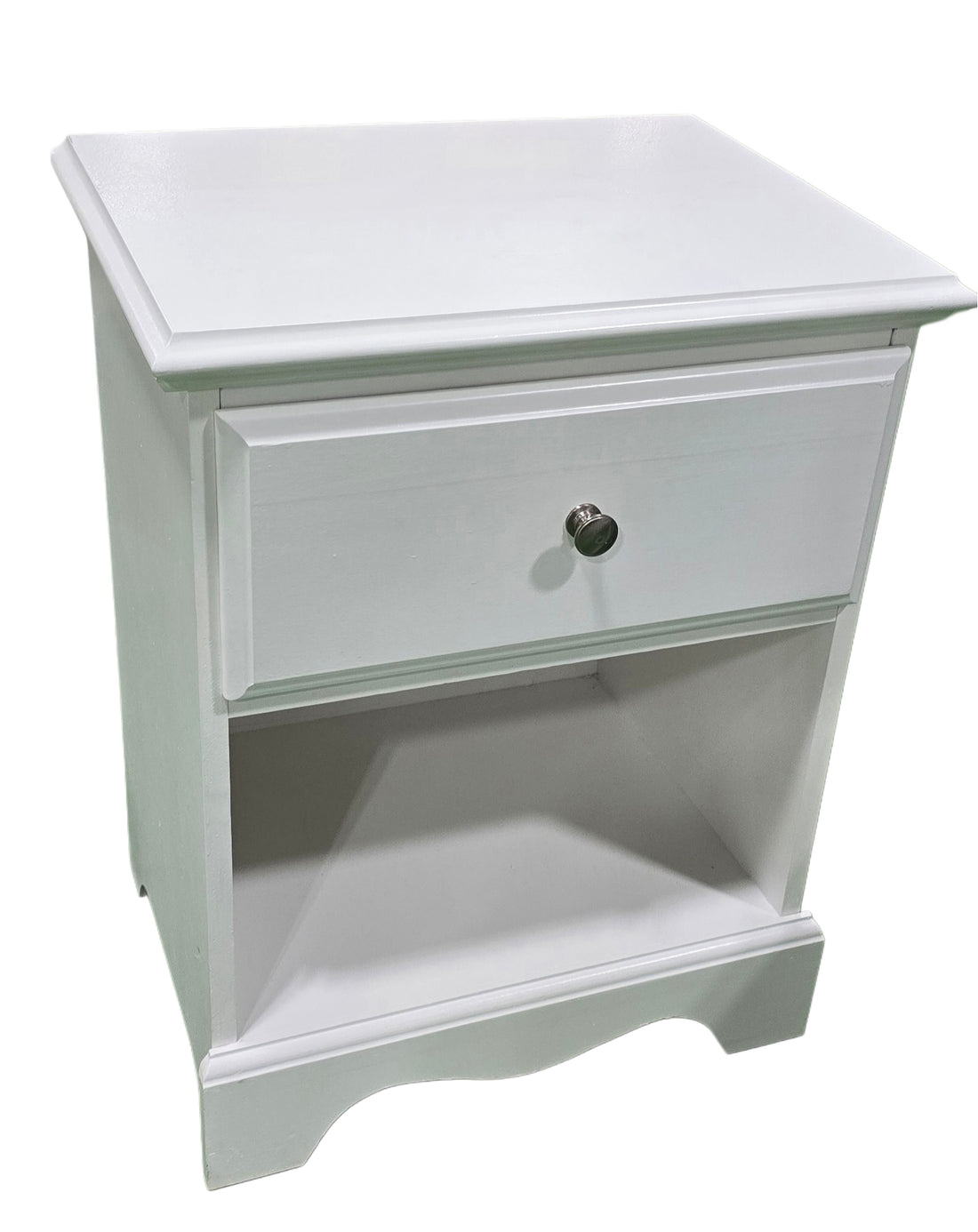 Used white wooden nightstand with one drawer and open bottom shelf – Southern Hospitality Liquidation