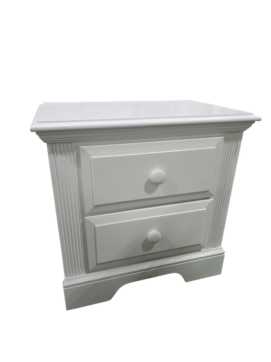 “Used white two drawer nightstand from upscale coastal resort, perfect for coastal or farmhouse décor, $60”