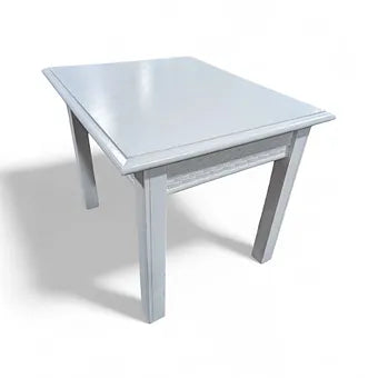 “Used white wooden side table sourced from a coastal resort, good condition, perfect for farmhouse or coastal décor”