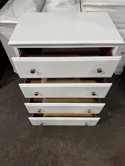 White 4-drawer chest with drawers open, coastal farmhouse furniture style