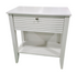 “White entry table with shutter-look front, farmhouse or coastal style, used and in good condition, sourced from upscale coastal resort”