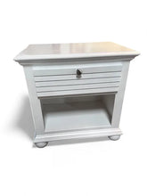 “White shutter-front one drawer nightstand, coastal or farmhouse style, used and in very good condition from Southern Hospitality Liquidation”