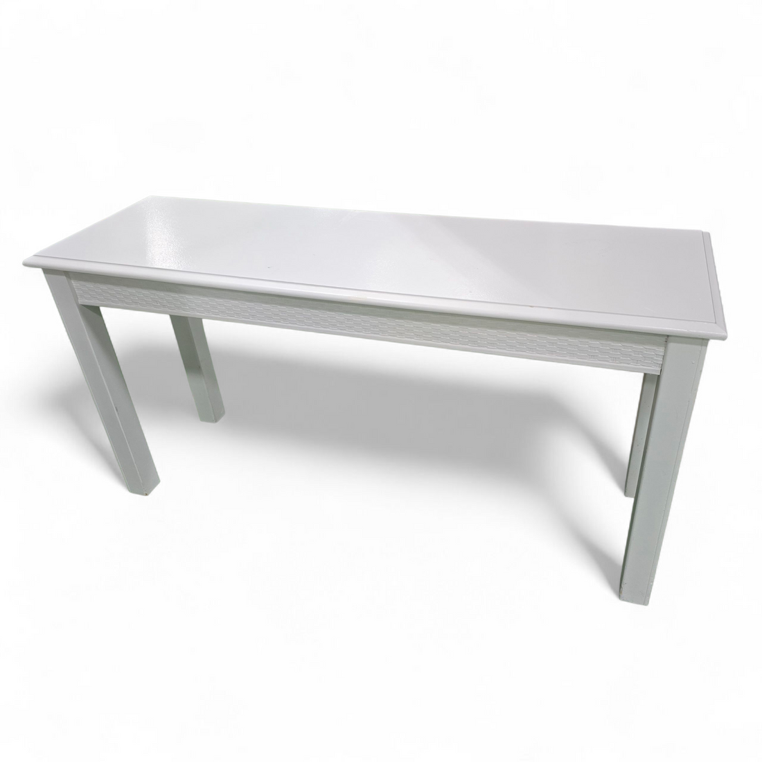 “White sofa table sourced from upscale coastal resort, used and in good condition, styles may vary, coastal or farmhouse décor”