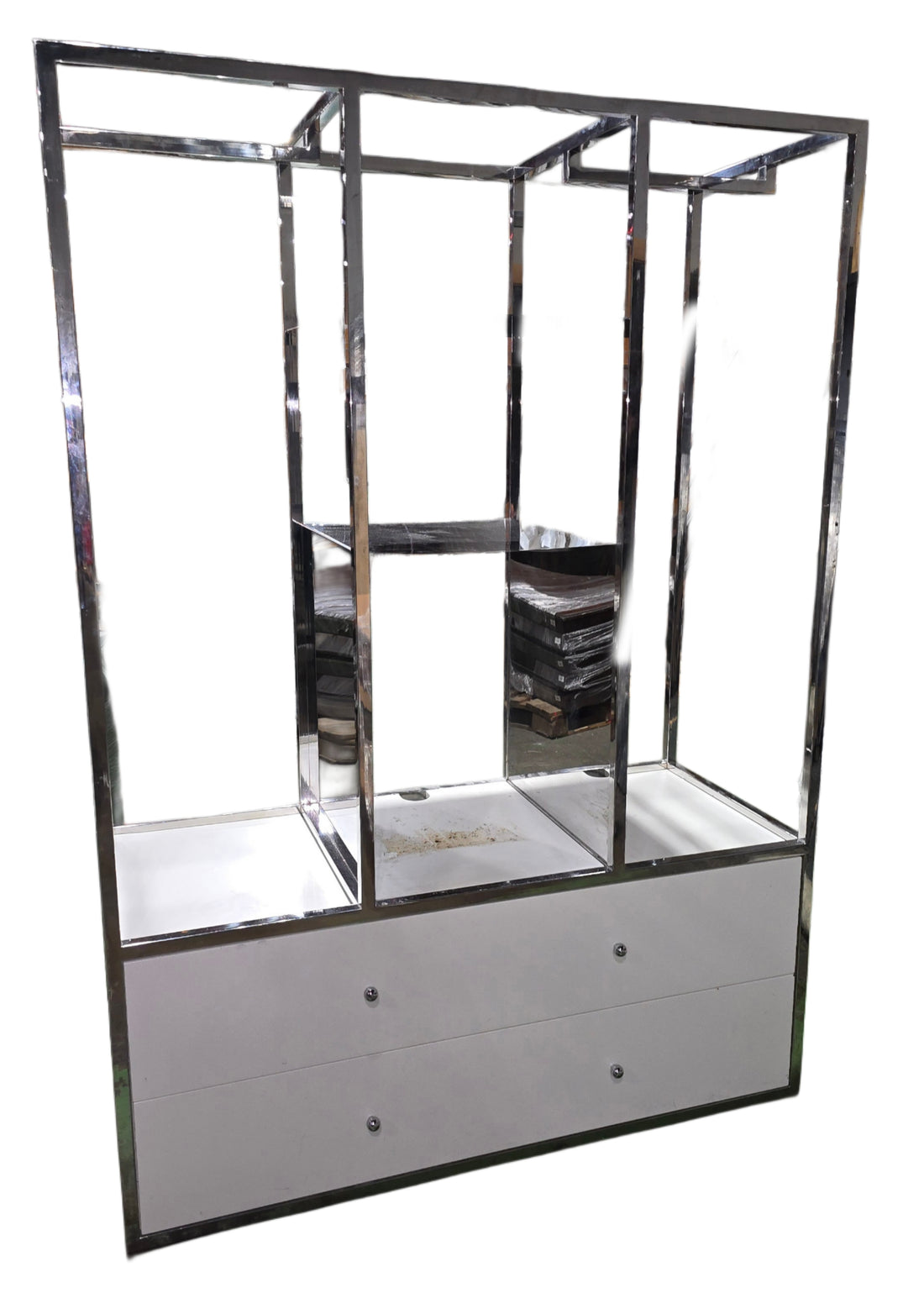 White two-drawer wardrobe with metal hanging racks and mini fridge space – pre-owned hotel furniture liquidation Cartersville GA