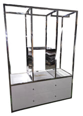White two-drawer wardrobe with metal hanging racks and mini fridge space – pre-owned hotel furniture liquidation Cartersville GA
