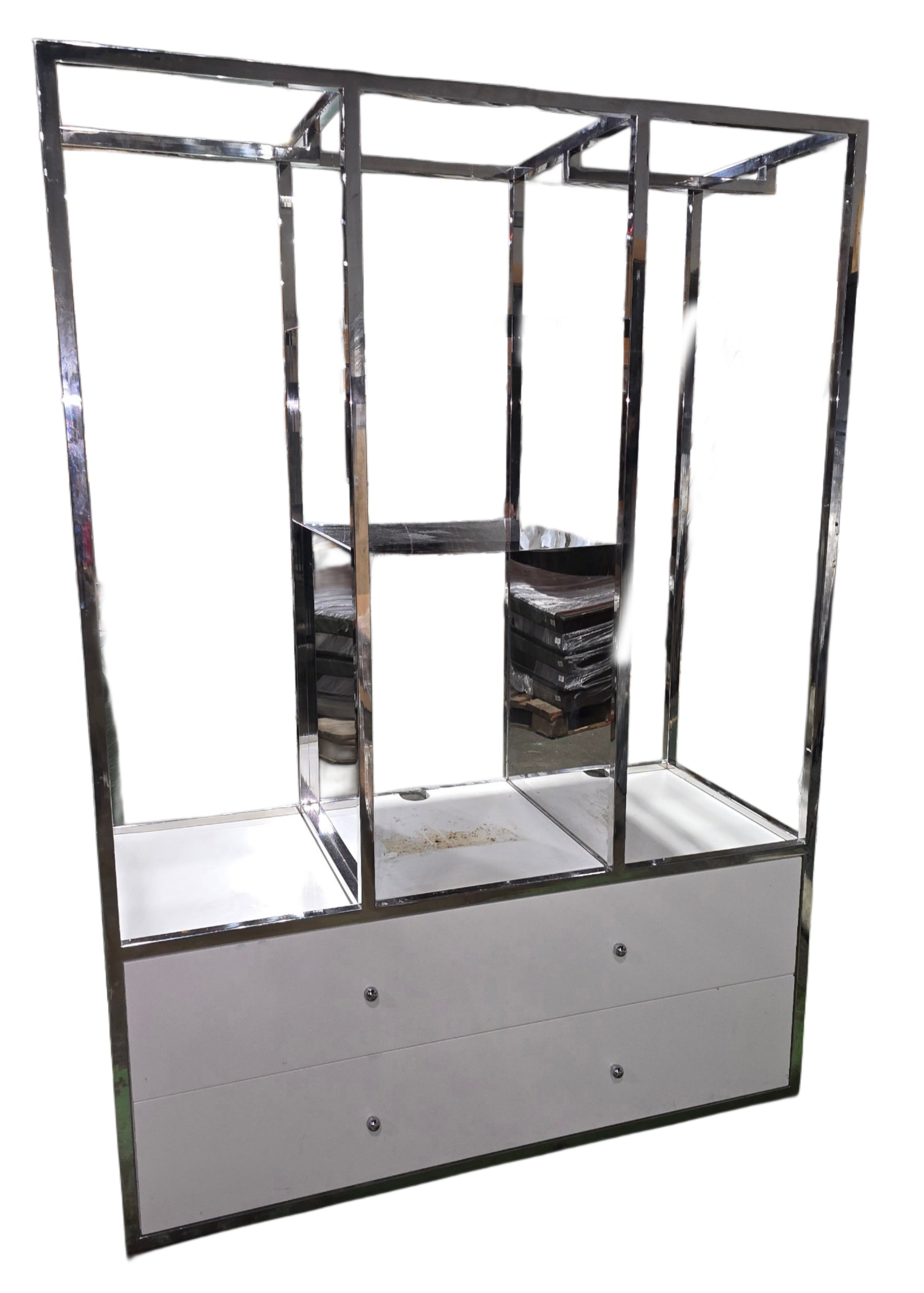 White two-drawer wardrobe with metal hanging racks and mini fridge space – pre-owned hotel furniture liquidation Cartersville GA