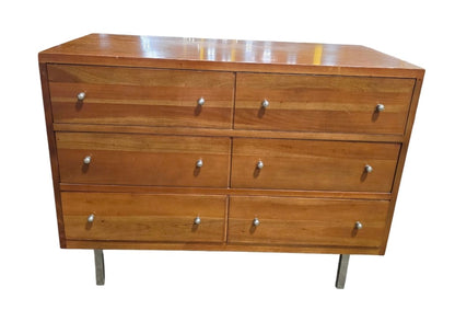 Front view of wooden 3-drawer dresser, classic storage chest, used and in good condition, SHL