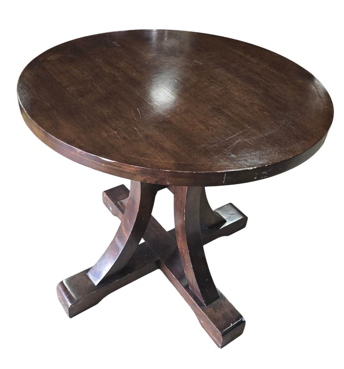 Wooden round pedestal table, 34 inch diameter, 30 inch tall, available from Southern Hospitality Liquidation Cartersville GA near Atlanta